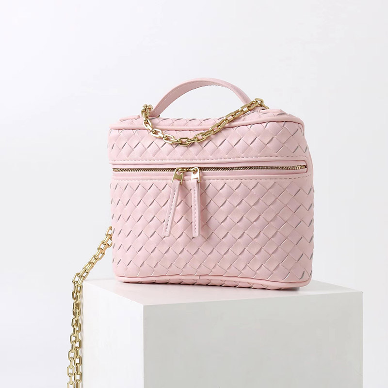 Women's Mini Woven Split Leather Zipper-Closed Box Top Handle Bag with Chain Crossbody Strap
