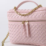 Women's Mini Woven Split Leather Zipper-Closed Box Top Handle Bag with Chain Crossbody Strap