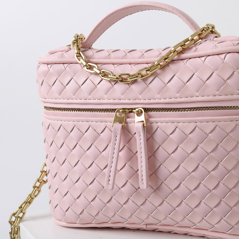 Women's Mini Woven Split Leather Zipper-Closed Box Top Handle Bag with Chain Crossbody Strap