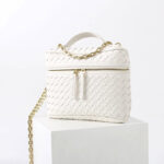 Women's Mini Woven Split Leather Zipper-Closed Box Top Handle Bag with Chain Crossbody Strap