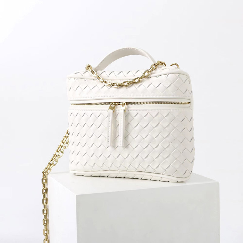 Women's Mini Woven Split Leather Zipper-Closed Box Top Handle Bag with Chain Crossbody Strap