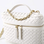 Women's Mini Woven Split Leather Zipper-Closed Box Top Handle Bag with Chain Crossbody Strap