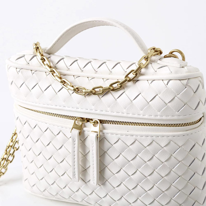 Women's Mini Woven Split Leather Zipper-Closed Box Top Handle Bag with Chain Crossbody Strap