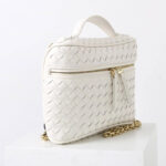 Women's Mini Woven Split Leather Zipper-Closed Box Top Handle Bag with Chain Crossbody Strap