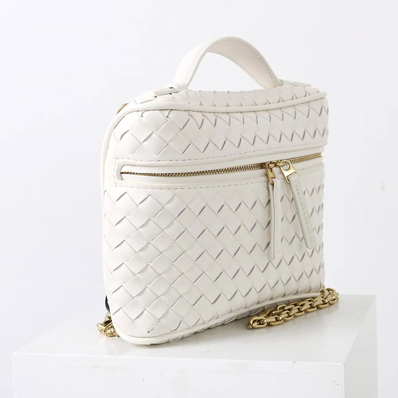 Women's Mini Woven Split Leather Zipper-Closed Box Top Handle Bag with Chain Crossbody Strap