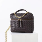 Women's Mini Woven Split Leather Zipper-Closed Box Top Handle Bag with Chain Crossbody Strap