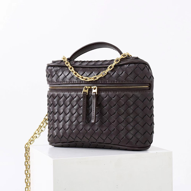 Women's Mini Woven Split Leather Zipper-Closed Box Top Handle Bag with Chain Crossbody Strap