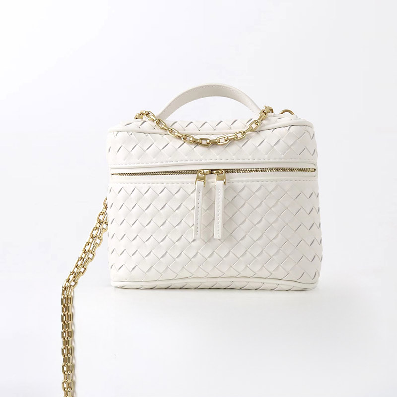 Women's Mini Woven Split Leather Zipper-Closed Box Top Handle Bag with Chain Crossbody Strap