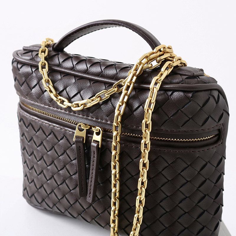 Women's Mini Woven Split Leather Zipper-Closed Box Top Handle Bag with Chain Crossbody Strap