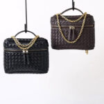 Women's Mini Woven Split Leather Zipper-Closed Box Top Handle Bag with Chain Crossbody Strap