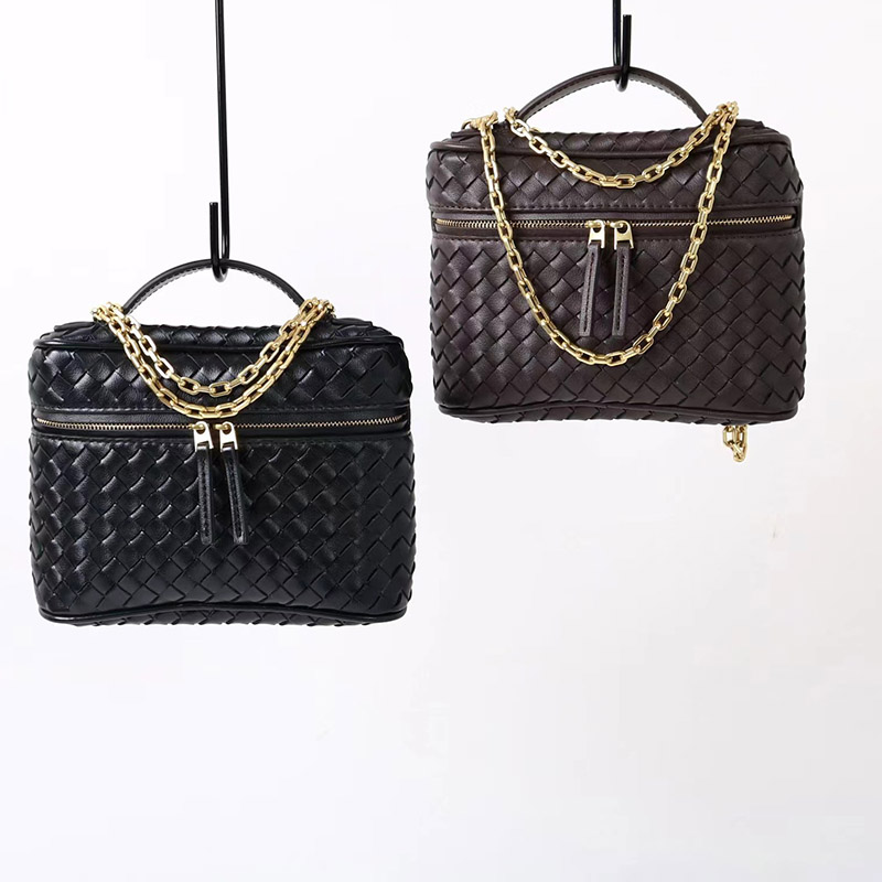 Women's Mini Woven Split Leather Zipper-Closed Box Top Handle Bag with Chain Crossbody Strap