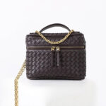 Women's Mini Woven Split Leather Zipper-Closed Box Top Handle Bag with Chain Crossbody Strap