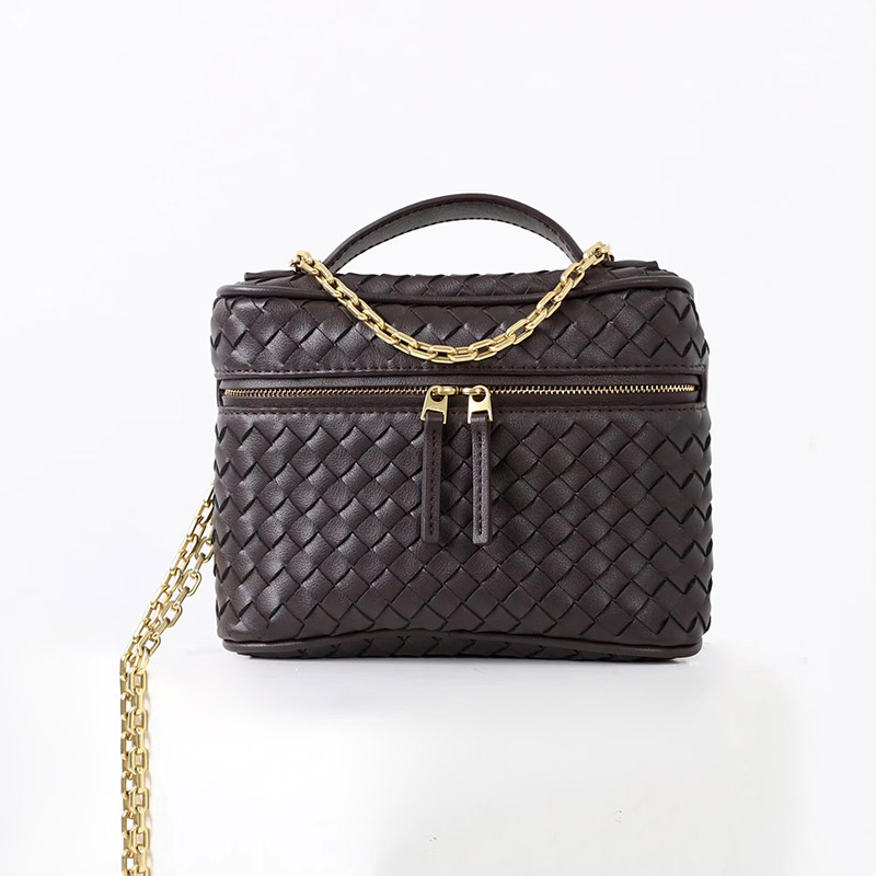 Women's Mini Woven Split Leather Zipper-Closed Box Top Handle Bag with Chain Crossbody Strap