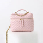 Women's Mini Woven Split Leather Zipper-Closed Box Top Handle Bag with Chain Crossbody Strap
