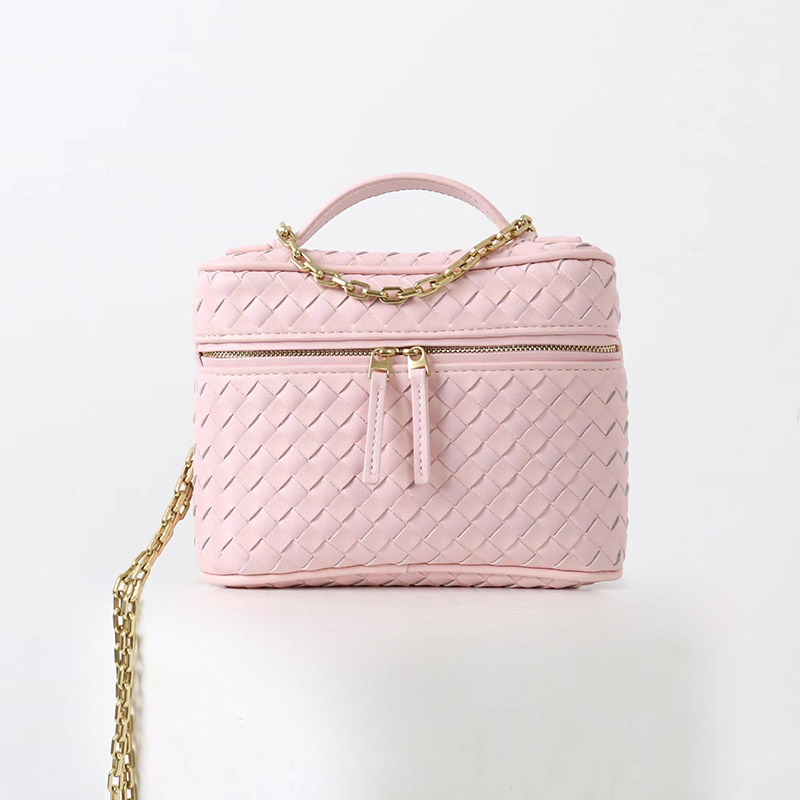 Women's Mini Woven Split Leather Zipper-Closed Box Top Handle Bag with Chain Crossbody Strap