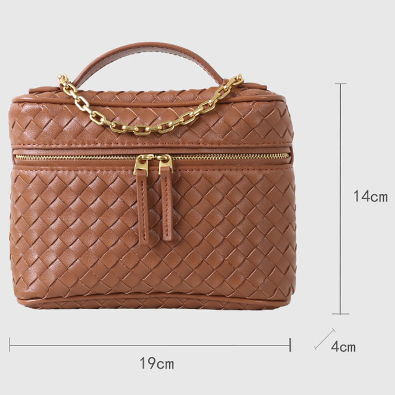 Women's Mini Woven Split Leather Zipper-Closed Box Top Handle Bag with Chain Crossbody Strap
