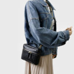Women's Mini Woven Split Leather Zipper-Closed Box Top Handle Bag with Chain Crossbody Strap