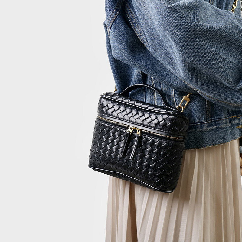 Women's Mini Woven Split Leather Zipper-Closed Box Top Handle Bag with Chain Crossbody Strap