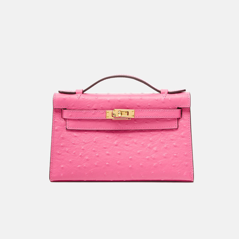 Women's Ostrich Embossed Full-Grain Leather Turn Lock Top Handle Bag with Crossbody Shoulder Strap