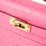 Women's Ostrich Embossed Full-Grain Leather Turn Lock Top Handle Bag with Crossbody Shoulder Strap