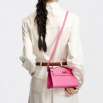 Women's Ostrich Embossed Full-Grain Leather Turn Lock Top Handle Bag with Crossbody Shoulder Strap