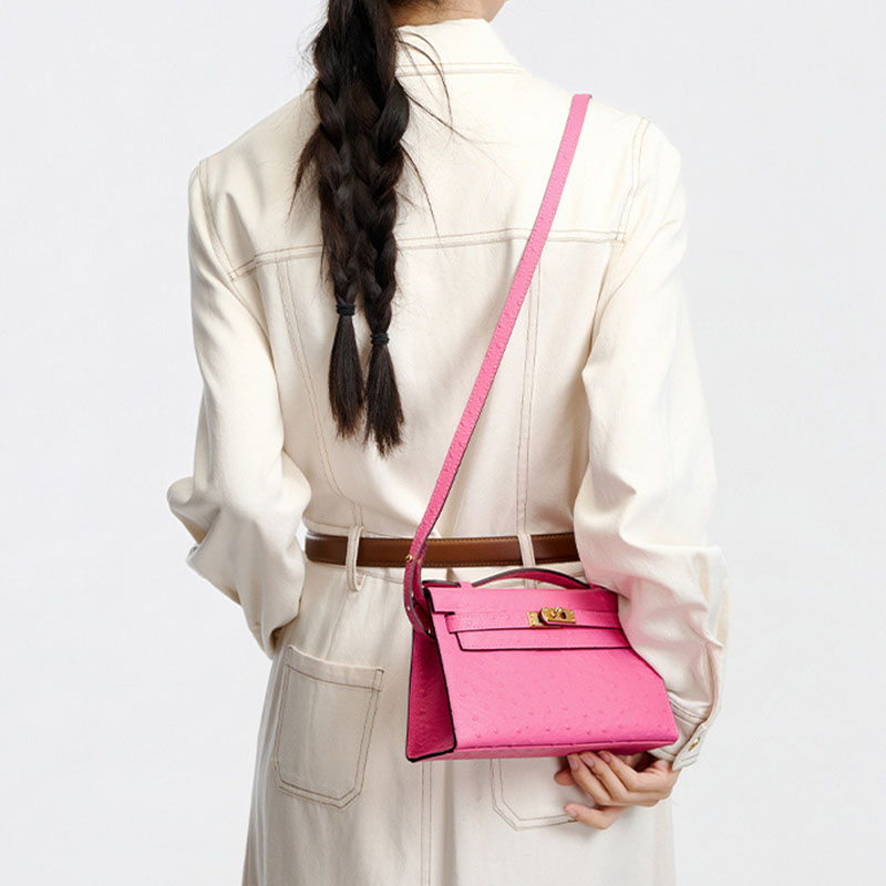 Women's Ostrich Embossed Full-Grain Leather Turn Lock Top Handle Bag with Crossbody Shoulder Strap