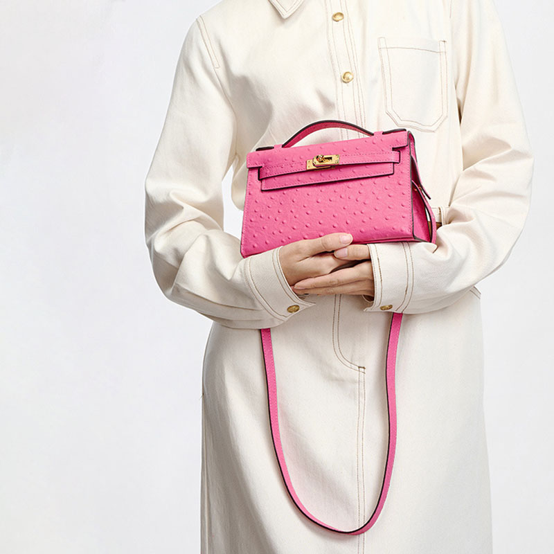 Women's Ostrich Embossed Full-Grain Leather Turn Lock Top Handle Bag with Crossbody Shoulder Strap