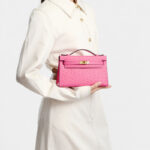 Women's Ostrich Embossed Full-Grain Leather Turn Lock Top Handle Bag with Crossbody Shoulder Strap