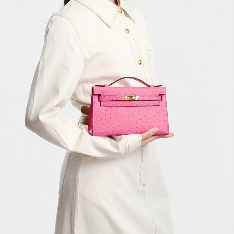 Women's Ostrich Embossed Full-Grain Leather Turn Lock Top Handle Bag with Crossbody Shoulder Strap