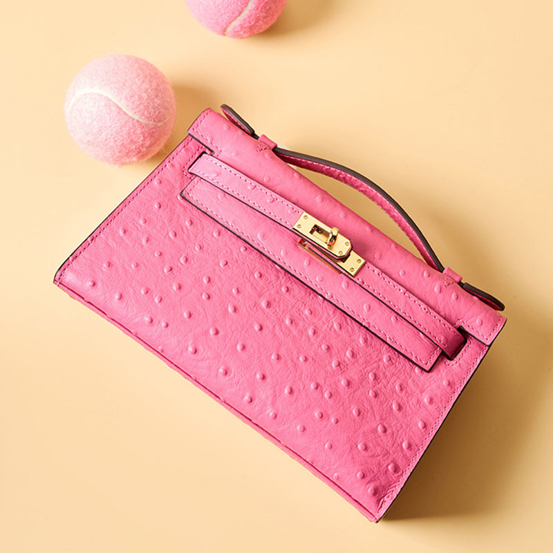 Women's Ostrich Embossed Full-Grain Leather Turn Lock Top Handle Bag with Crossbody Shoulder Strap