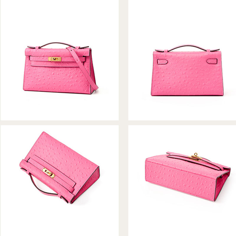 Women's Ostrich Embossed Full-Grain Leather Turn Lock Top Handle Bag with Crossbody Shoulder Strap