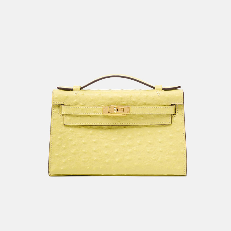 Women's Ostrich Embossed Full-Grain Leather Turn Lock Top Handle Bag with Crossbody Shoulder Strap