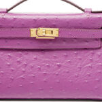 Women's Ostrich Embossed Full-Grain Leather Turn Lock Top Handle Bag with Crossbody Shoulder Strap