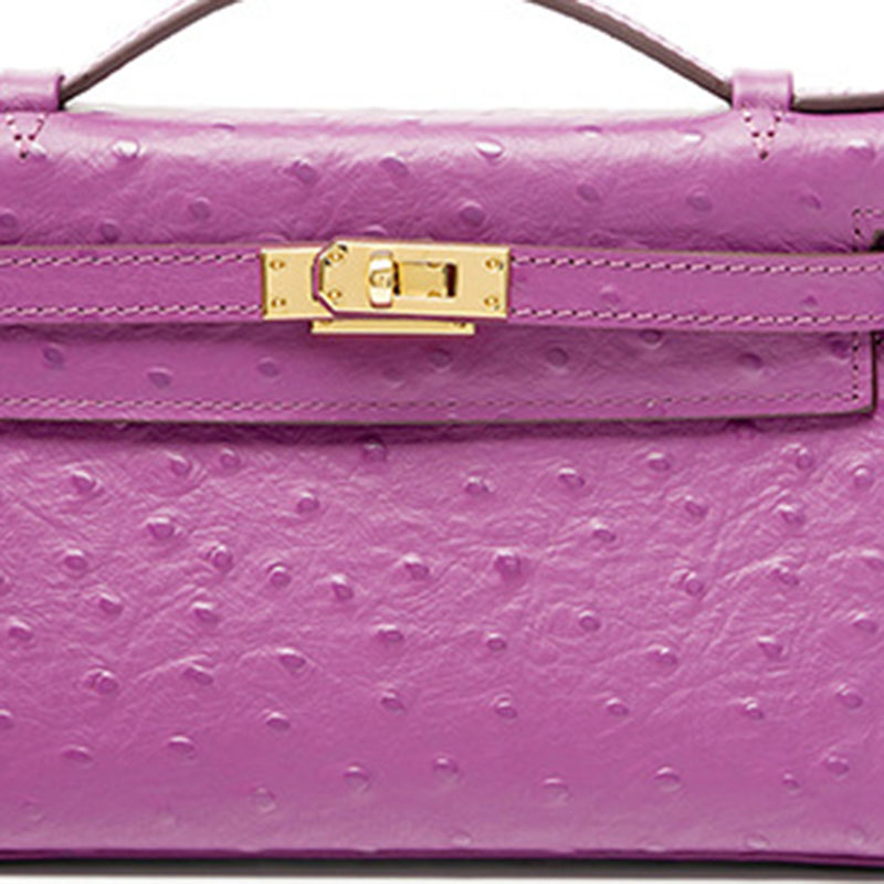 Women's Ostrich Embossed Full-Grain Leather Turn Lock Top Handle Bag with Crossbody Shoulder Strap