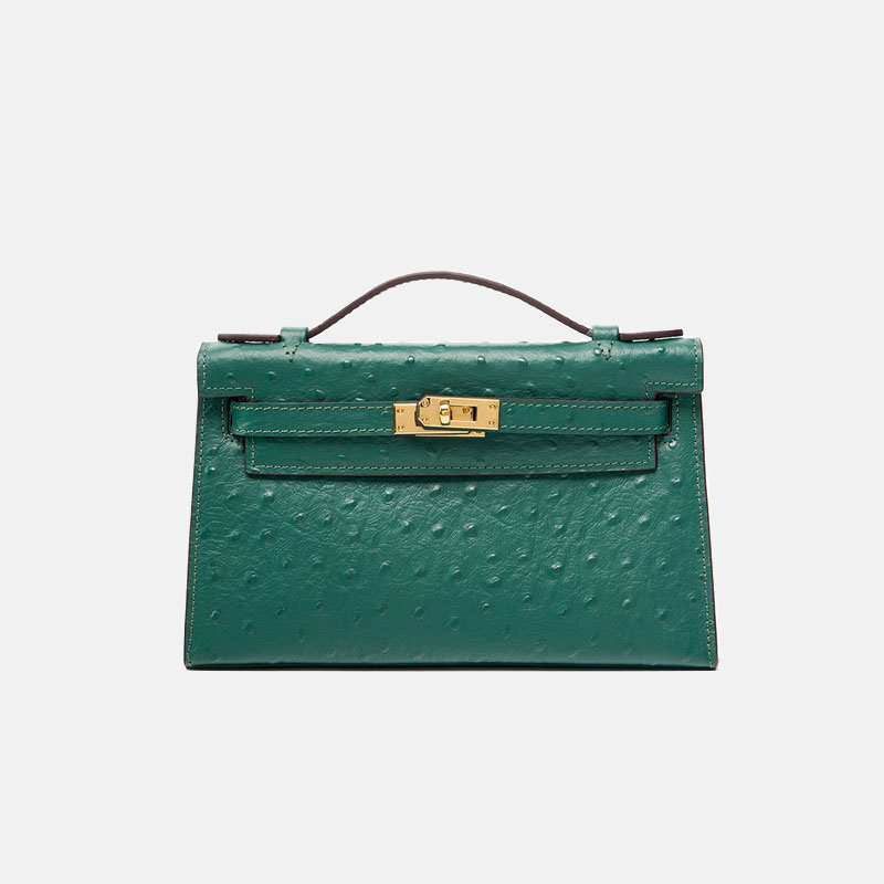 Women's Ostrich Embossed Full-Grain Leather Turn Lock Top Handle Bag with Crossbody Shoulder Strap