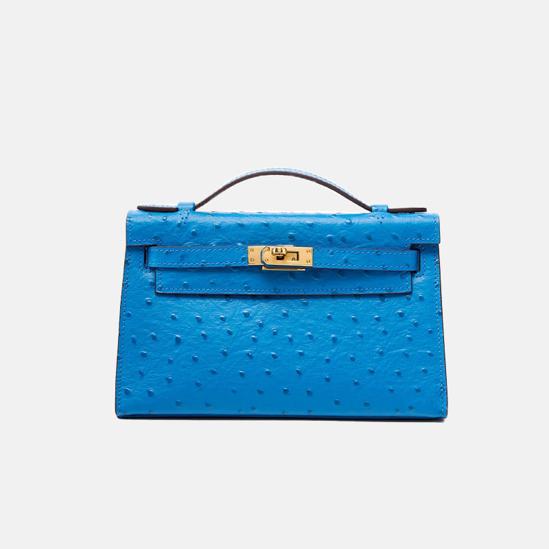 Women's Ostrich Embossed Full-Grain Leather Turn Lock Top Handle Bag with Crossbody Shoulder Strap