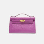 Women's Ostrich Embossed Full-Grain Leather Turn Lock Top Handle Bag with Crossbody Shoulder Strap