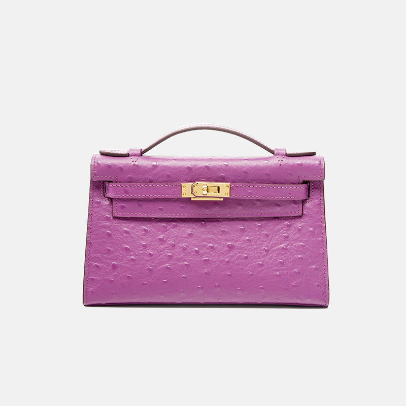 Women's Ostrich Embossed Full-Grain Leather Turn Lock Top Handle Bag with Crossbody Shoulder Strap