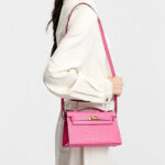 Women's Ostrich Embossed Full-Grain Leather Turn Lock Top Handle Bag with Crossbody Shoulder Strap