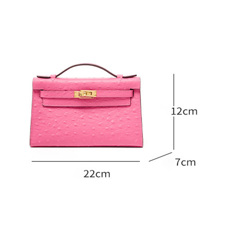 Women's Ostrich Embossed Full-Grain Leather Turn Lock Top Handle Bag with Crossbody Shoulder Strap