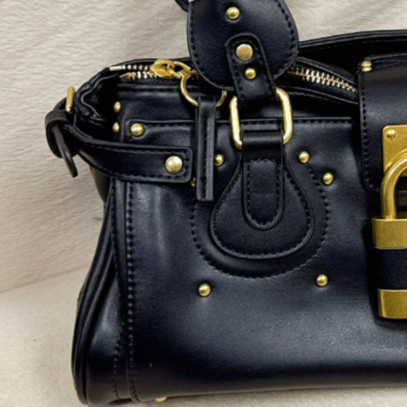 Women's Vegan Leather Studs Boston Handbag with Large Lock