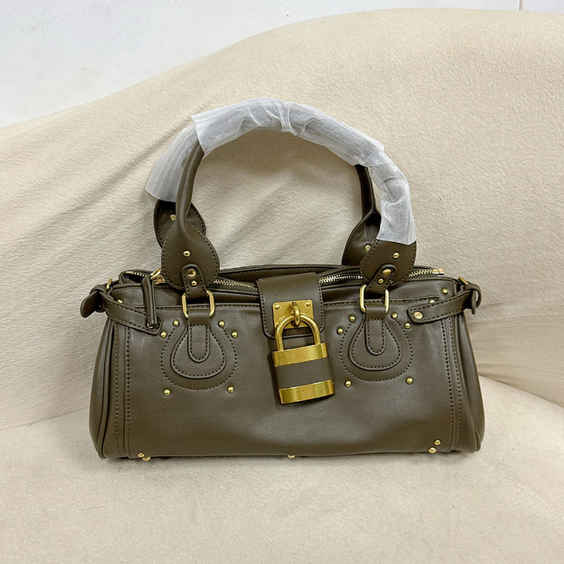 Women's Vegan Leather Studs Boston Handbag with Large Lock