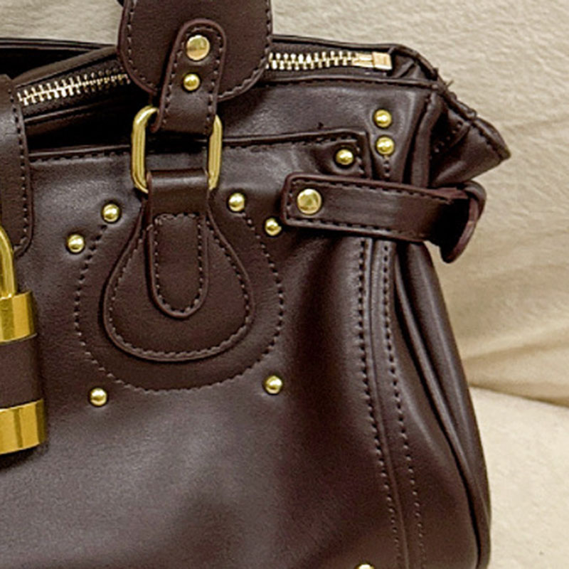 Women's Vegan Leather Studs Boston Handbag with Large Lock