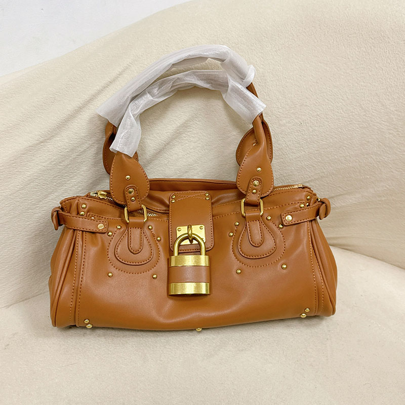 Women's Vegan Leather Studs Boston Handbag with Large Lock