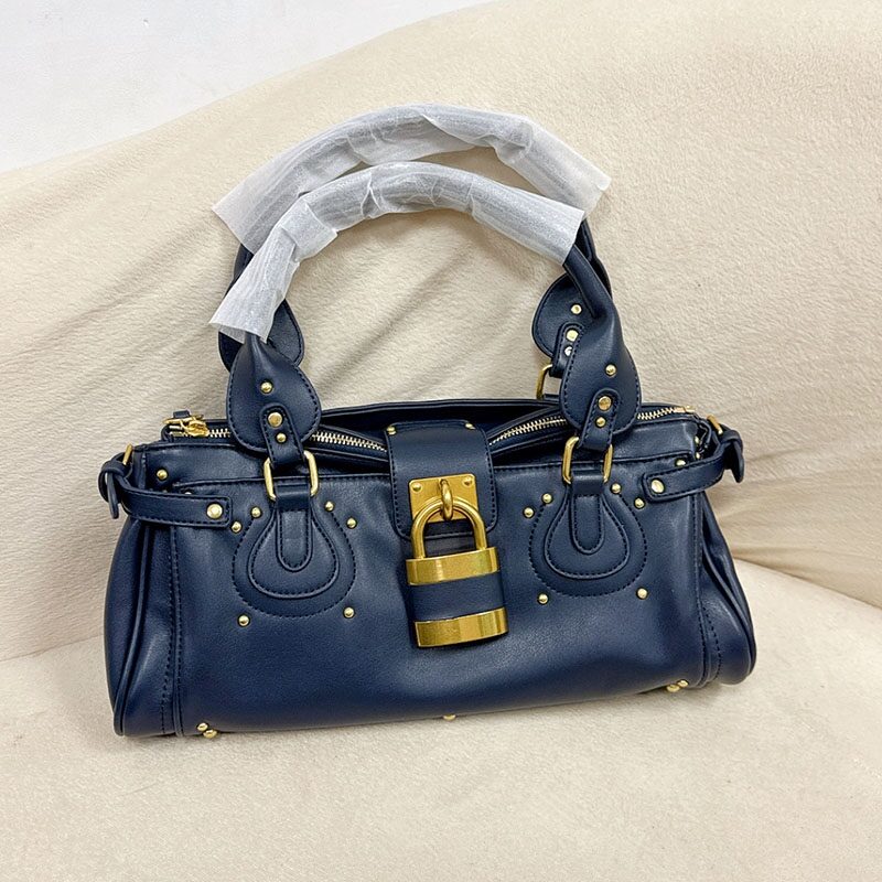 Women's Vegan Leather Studs Boston Handbag with Large Lock