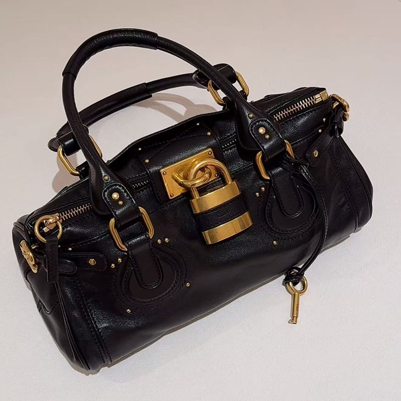 Women's Vegan Leather Studs Boston Handbag with Large Lock