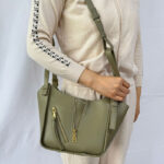 Women's Vegan Leather Zip-Detail Shoulder Tote Bag with Crossbody Strap