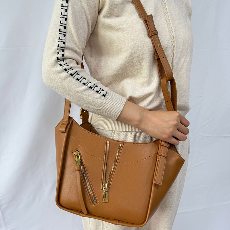 Women's Vegan Leather Zip-Detail Shoulder Tote Bag with Crossbody Strap