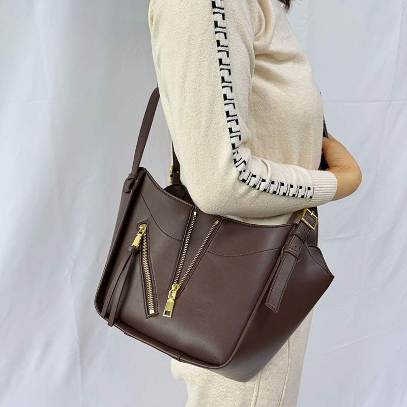 Women's Vegan Leather Zip-Detail Shoulder Tote Bag with Crossbody Strap