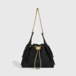 Women's Vegan Leather Quilted Drawstring Chain Hobo Shoulder Bag with Gold Hardware